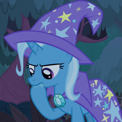 Size: 721x720 | Tagged: safe, screencap, character:trixie, species:pony, species:unicorn, episode:student counsel, cape, clothing, cropped, female, hat, hoof in mouth, mare, stars, tree