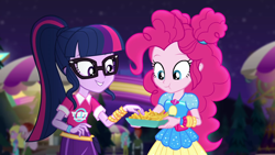 Size: 1920x1080 | Tagged: safe, screencap, character:paisley, character:pinkie pie, character:twilight sparkle, character:twilight sparkle (scitwi), species:eqg human, equestria girls:sunset's backstage pass, g4, my little pony:equestria girls, crimson napalm, geode of sugar bombs, glasses, magical geodes, music festival outfit, raspberry lilac