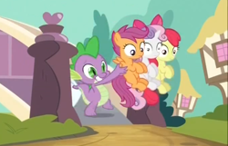 Size: 754x487 | Tagged: safe, screencap, character:apple bloom, character:scootaloo, character:spike, character:sweetie belle, species:pegasus, species:pony, episode:just for sidekicks, g4, my little pony: friendship is magic