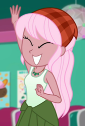 Size: 596x878 | Tagged: safe, screencap, episode:tip toppings, g4, my little pony:equestria girls, bandana, clothing, cropped, eyes closed, female, frozen yogurt shop, raised arm, raspberry lilac, smiling, solo focus, tank top