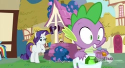 Size: 850x467 | Tagged: safe, screencap, character:rainbow dash, character:rarity, character:spike, episode:just for sidekicks, g4, my little pony: friendship is magic, hub logo, well, youtube caption