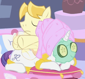 Size: 348x322 | Tagged: safe, screencap, character:rarity, species:earth pony, species:pony, species:unicorn, episode:green isn't your color, g4, my little pony: friendship is magic, animated, bathrobe, clothing, cucumber, duo, eyes closed, female, male, mare, massage, masseuse pony, mud mask, prone, quake, robe, smiling, spa, stallion, towel, vibrating