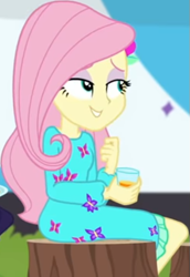 Size: 367x532 | Tagged: safe, screencap, character:fluttershy, equestria girls:sunset's backstage pass, g4, my little pony:equestria girls, beverage, clothing, cropped, cup, cute, dress, female, hairclip, lidded eyes, long sleeves, rv, shyabetes, sitting, smiling, tree stump, waistband
