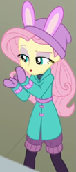 Size: 405x917 | Tagged: safe, screencap, character:fluttershy, equestria girls:holidays unwrapped, g4, my little pony:equestria girls, bird whistle, blizzard or bust, bunny ears, clothing, coat, cropped, cute, female, leg warmers, lidded eyes, mittens, shirt, shyabetes, undershirt, waistband, winter hat, winter outfit