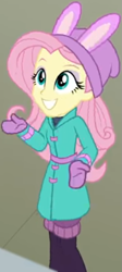Size: 407x912 | Tagged: safe, screencap, character:fluttershy, equestria girls:holidays unwrapped, g4, my little pony:equestria girls, blizzard or bust, bunny ears, clothing, coat, cropped, cute, female, leg warmers, looking up, mittens, shirt, shyabetes, smiling, undershirt, waistband, winter hat, winter outfit