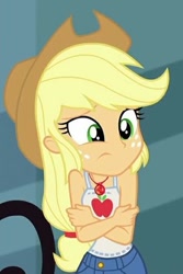 Size: 345x518 | Tagged: safe, screencap, character:applejack, episode:street chic, g4, my little pony:equestria girls, bare shoulders, cold, cropped, freezing, shivering, sleeveless, solo