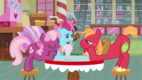 Size: 480x270 | Tagged: safe, screencap, character:big mcintosh, character:cheerilee, character:cup cake, species:earth pony, species:pony, episode:hearts and hooves day, g4, my little pony: friendship is magic, animated, eye contact, female, looking at each other, loop, male, mare, milkshake, stallion, sugarcube corner