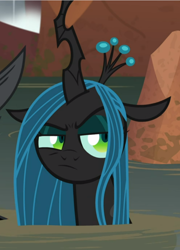 Size: 644x895 | Tagged: safe, screencap, character:lord tirek, character:queen chrysalis, episode:frenemies, g4, my little pony: friendship is magic, cropped, cute, cutealis, narrowed eyes, queen chrysalis is not amused, solo focus, unamused, water