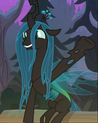 Size: 743x939 | Tagged: safe, screencap, character:queen chrysalis, species:changeling, episode:frenemies, g4, my little pony: friendship is magic, cropped, cute, cutealis, log, sitting, smiling, solo