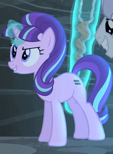 Size: 389x528 | Tagged: safe, screencap, character:starlight glimmer, species:pony, species:unicorn, episode:the cutie map, g4, my little pony: friendship is magic, animated, cropped, cult, cutie mark vault, equal cutie mark, evil grin, evil planning in progress, fake cutie mark, fake smile, female, gif, glowing horn, grin, horn, levitation, magic, magic aura, male, mare, mocking, s5 starlight, smiling, solo focus, squint, staff, staff of sameness, stallion, talking, telekinesis, wide smile