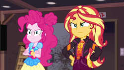 Size: 1920x1080 | Tagged: safe, screencap, character:pinkie pie, character:sunset shimmer, equestria girls:sunset's backstage pass, g4, my little pony:equestria girls, crossed arms, duo, duo female, female, geode of empathy, geode of sugar bombs, hands on hip, magical geodes, music festival outfit, sunset shimmer is not amused, unamused