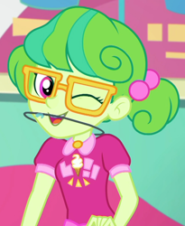 Size: 832x1014 | Tagged: safe, screencap, episode:tip toppings, g4, my little pony:equestria girls, braces, cashier, cropped, cute, female, glasses, looking at you, one eye closed, orthodontic headgear, pigtails, smiling, solo, stella sprinkles, twintails, wink