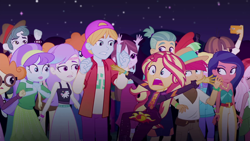 Size: 1920x1080 | Tagged: safe, screencap, character:aqua blossom, character:desert sage, character:drama letter, character:scott green, character:scribble dee, character:sunset shimmer, character:velvet sky, character:watermelody, character:wiz kid, equestria girls:sunset's backstage pass, g4, my little pony:equestria girls, cellphone, desert sage, female, fry lilac, golden hazel, hunter hedge, male, music festival outfit, phone, raspberry lilac, sandy cerise, scott green, smartphone, snow flower, velvet sky, wiz kid