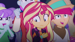 Size: 1920x1080 | Tagged: safe, screencap, character:aqua blossom, character:sunset shimmer, equestria girls:sunset's backstage pass, g4, my little pony:equestria girls, fry lilac, hunter hedge, music festival outfit, snow flower