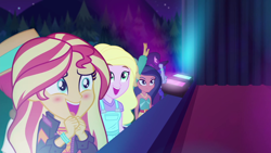 Size: 1920x1080 | Tagged: safe, screencap, character:desert sage, character:sunset shimmer, equestria girls:sunset's backstage pass, g4, my little pony:equestria girls, blushing, crowd, cute, desert sage, female, hunter hedge, male, music festival outfit, sandy cerise, shimmerbetes, space camp (character), stage, stage light