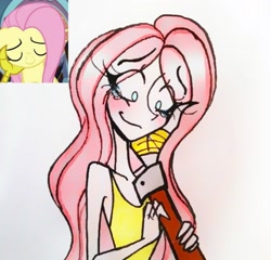 Size: 2013x1930 | Tagged: safe, artist:citi, screencap, character:discord, character:fluttershy, species:human, episode:the beginning of the end, g4, my little pony: friendship is magic, disembodied hand, hand, hand on face, humanized, offscreen character, scene interpretation, screencap reference, solo focus, teary eyes, traditional art