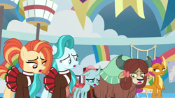 Size: 1920x1080 | Tagged: safe, screencap, character:lighthoof, character:ocellus, character:shimmy shake, character:smolder, character:yona, species:changedling, species:changeling, species:dragon, species:earth pony, species:pony, species:reformed changeling, species:yak, episode:2-4-6 greaaat, bags under eyes, bow, cheerleader, cheerleader outfit, clothing, dragoness, fangs, female, folded wings, monkey swings, net, open mouth, sigh, smolder is not amused, unamused, wings