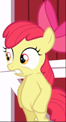 Size: 512x939 | Tagged: safe, screencap, character:apple bloom, species:earth pony, species:pony, episode:hearts and hooves day, g4, my little pony: friendship is magic, bipedal, bow, cropped, female, filly, hair bow, sneaking, solo