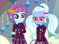 Size: 1440x1080 | Tagged: safe, screencap, character:sugarcoat, character:sunny flare, equestria girls:dance magic, g4, my little pony:equestria girls, bow tie, clothing, crystal prep academy uniform, female, glasses, hairclip, looking at you, pigtails, plaid skirt, pleated skirt, school uniform, skirt, unamused