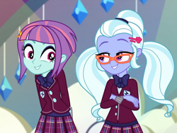 Size: 1440x1080 | Tagged: safe, screencap, character:sugarcoat, character:sunny flare, equestria girls:dance magic, g4, my little pony:equestria girls, adoraflare, bow tie, clothing, crystal prep academy uniform, cute, female, glasses, hairclip, looking at each other, pigtails, plaid skirt, pleated skirt, school uniform, skirt, smiling