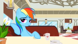 Size: 1920x1080 | Tagged: safe, artist:klaifferon, screencap, character:rainbow dash, species:pegasus, species:pony, episode:the saddle row review, g4, my little pony: friendship is magic, bedroom eyes, cafe, hooves on the table, looking at you, mug, sexy, sitting, smiling, solo