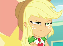 Size: 1176x870 | Tagged: safe, screencap, character:applejack, equestria girls:rollercoaster of friendship, g4, my little pony:equestria girls, angry, angry look, applejack is not amused, lidded eyes, unamused