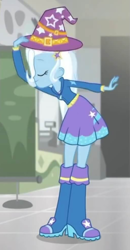 Size: 509x978 | Tagged: safe, screencap, character:trixie, episode:good vibes, eqg summertime shorts, g4, my little pony:equestria girls, clothing, cropped, eyes closed, hat, solo, trixie's hat