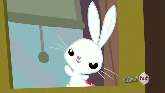 Size: 576x324 | Tagged: safe, screencap, character:angel bunny, episode:just for sidekicks, g4, my little pony: friendship is magic, angel is a bunny bastard, animated, hub logo, waving