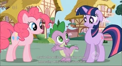 Size: 1599x871 | Tagged: safe, screencap, character:pinkie pie, character:spike, character:twilight sparkle, youtube caption, youtube link
