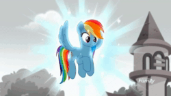 Size: 1280x720 | Tagged: safe, screencap, character:rainbow dash, species:pegasus, species:pony, friendship is magic: rainbow roadtrip, g4, my little pony: friendship is magic, animated, discovery family logo, female, flying, looking down, mare, solo, sound, sparkles, webm, wings