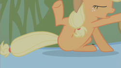 Size: 853x480 | Tagged: safe, screencap, character:applejack, character:rainbow dash, species:earth pony, species:pegasus, species:pony, episode:bridle gossip, g4, my little pony: friendship is magic, eyes closed, female, mare, micro, out of context, ponies riding ponies, solo focus