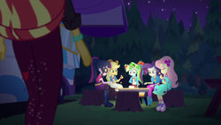Size: 1920x1080 | Tagged: safe, screencap, character:applejack, character:fluttershy, character:rainbow dash, character:rarity, character:sunset shimmer, character:twilight sparkle, character:twilight sparkle (scitwi), species:eqg human, equestria girls:sunset's backstage pass, g4, my little pony:equestria girls, food, marshmallow, music festival outfit, shoes, sneakers, tree stump