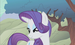 Size: 800x480 | Tagged: safe, screencap, character:rarity, species:pony, species:unicorn, female, lidded eyes, mare, smiling, solo, tree