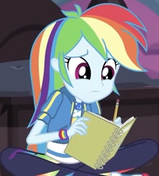 Size: 655x723 | Tagged: safe, screencap, character:rainbow dash, episode:the finals countdown, g4, my little pony:equestria girls, cropped, cute, dashabetes, geode of super speed, magical geodes, notebook, pencil, solo