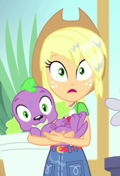 Size: 740x1080 | Tagged: safe, screencap, character:applejack, character:spike, character:spike (dog), species:dog, episode:my little shop of horrors, g4, my little pony:equestria girls, clothing, cowboy hat, cropped, denim skirt, female, hat, male, skirt, stetson, wet