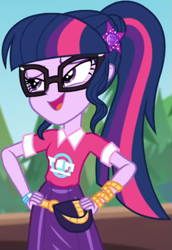 Size: 537x780 | Tagged: safe, screencap, character:twilight sparkle, character:twilight sparkle (scitwi), species:eqg human, equestria girls:sunset's backstage pass, g4, my little pony:equestria girls, clothing, collar, cropped, cute, female, forest, forest background, geode of telekinesis, glasses, hairclip, hands on hip, lidded eyes, logo, magical geodes, music festival outfit, ponytail, pouch, shirt, short sleeves, skirt, smiling, wrist wraps