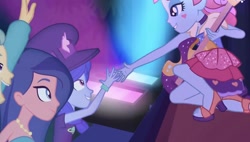 Size: 1455x828 | Tagged: safe, screencap, character:desert sage, character:kiwi lollipop, equestria girls:sunset's backstage pass, g4, my little pony:equestria girls, bare shoulders, desert sage, guitar, guy grove, high five, kiwi lollipop, musical instrument, sleeveless, space camp (character), strapless