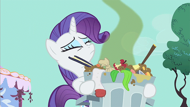 Size: 640x360 | Tagged: safe, screencap, character:rarity, species:pony, species:unicorn, episode:party of one, g4, my little pony: friendship is magic, animated, eyes closed, female, freegan, mare, smelly, solo, trash, trash can, visible stench
