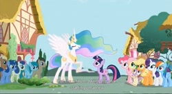 Size: 1589x873 | Tagged: safe, screencap, character:applejack, character:bon bon, character:doctor whooves, character:fluttershy, character:meadow song, character:pinkie pie, character:princess celestia, character:rainbow dash, character:rarity, character:spike, character:spring melody, character:sprinkle medley, character:sweetie drops, character:time turner, character:twilight sparkle, episode:friendship is magic, g4, my little pony: friendship is magic, blue october, blueberry muffin, mane seven, mane six, youtube caption, youtube link