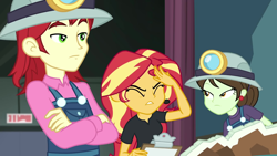 Size: 1920x1080 | Tagged: safe, screencap, character:nolan north, character:sophisticata, character:sunset shimmer, episode:all the world's off stage, g4, my little pony:equestria girls, clipboard, clothing, director shimmer, ear piercing, earring, exasperated face, eyes closed, facepalm, female, frustrated, helmet, jewelry, male, mining helmet, nolan north, overalls, piercing, school play, sophisticata, sunset shimmer is not amused, unamused