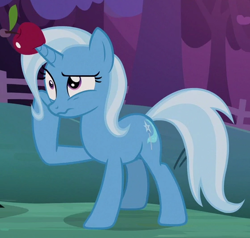 Size: 558x531 | Tagged: safe, screencap, character:trixie, episode:uncommon bond, g4, my little pony: friendship is magic, apple, cropped, food, horn, horn impalement, solo, wavy mouth