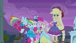 Size: 576x326 | Tagged: safe, screencap, character:applejack, character:fluttershy, character:pinkie pie, character:rainbow dash, character:rarity, equestria girls:equestria girls, g4, my little pony:equestria girls, clothing, cute, dress, eyes closed, fall formal outfits, hand on hip, hug, humane five, looking at you, ponied up, tongue out