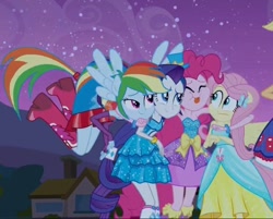 Size: 756x608 | Tagged: safe, screencap, character:applejack, character:fluttershy, character:pinkie pie, character:rainbow dash, character:rarity, equestria girls:equestria girls, g4, my little pony:equestria girls, clothing, cropped, cute, dress, eyes closed, fall formal outfits, female, hug, humane five, ponied up, tongue out