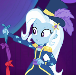Size: 730x720 | Tagged: safe, screencap, character:trixie, equestria girls:spring breakdown, g4, my little pony:equestria girls, clothing, cropped, hat, magic trick, solo, top hat