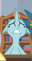 Size: 327x622 | Tagged: safe, screencap, character:ocellus, species:changedling, species:changeling, species:reformed changeling, episode:school daze, g4, my little pony: friendship is magic, adorable distress, cropped, cute, desk, diaocelles, eyes closed, female, floppy ears, offscreen character, sitting, solo, upset