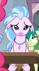 Size: 341x614 | Tagged: safe, screencap, character:sandbar, character:silverstream, species:classical hippogriff, species:earth pony, species:hippogriff, species:pony, episode:school daze, g4, my little pony: friendship is magic, cropped, desk, female, floppy ears, jewelry, male, necklace, sad, sitting, solo focus, teenager
