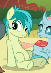 Size: 560x803 | Tagged: safe, screencap, character:ocellus, character:sandbar, species:changedling, species:changeling, species:earth pony, species:pony, species:reformed changeling, episode:school daze, g4, my little pony: friendship is magic, belly, cropped, cute, diaocelles, female, male, prone, sandabetes, sitting, smiling, solo focus, teenager