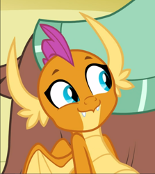 Size: 704x790 | Tagged: safe, screencap, character:smolder, character:yona, species:dragon, species:yak, episode:school daze, g4, my little pony: friendship is magic, cropped, cute, dragoness, fangs, female, offscreen character, sitting, smiling, smolderbetes, solo, solo focus