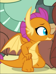 Size: 525x690 | Tagged: safe, screencap, character:smolder, character:yona, species:dragon, species:yak, episode:school daze, g4, my little pony: friendship is magic, cropped, crouching, dragoness, fangs, female, offscreen character, smiling, solo, solo focus