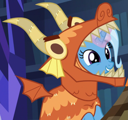 Size: 915x860 | Tagged: safe, screencap, character:trixie, episode:uncommon bond, g4, my little pony: friendship is magic, cropped, cute, diatrixes, dragon costume, glowing horn, horn, solo